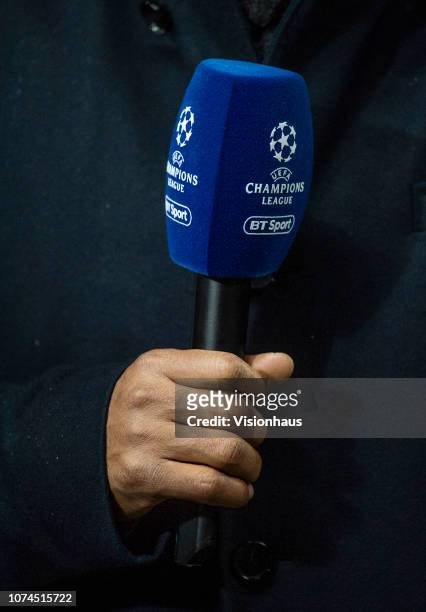 Sport Champions League branded microphone before the Group B match of the UEFA Champions League between Tottenham Hotspur and Inter Milan at Wembley...