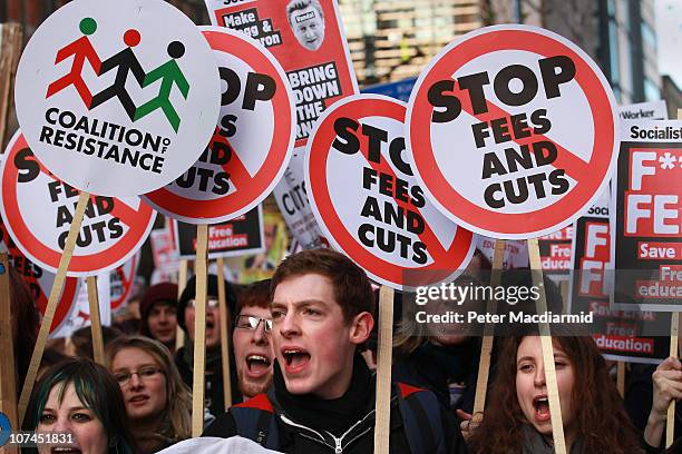 Student protestors gather for a march on Parliament at The University of London on December 9, 2010 in London, England. Parliament is voting today on...