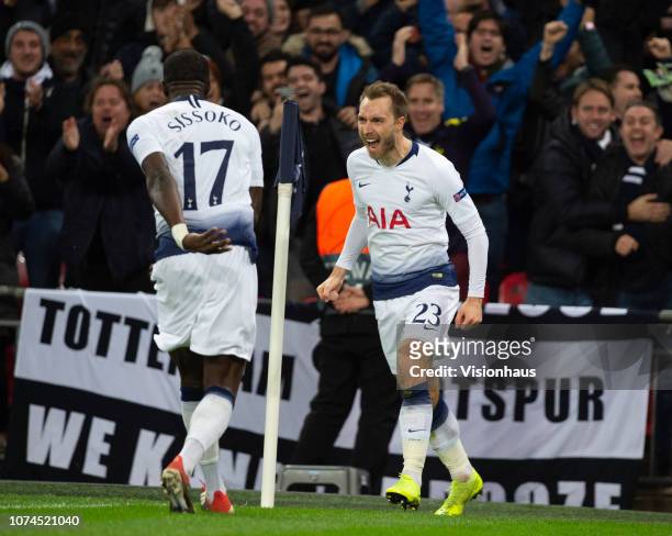 Christian Eriksen celebrates scoring the winning goal for Tottenham Hotspur with Moussa Cissoko during the Group B match of the UEFA Champions League...