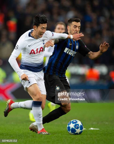 Son Heung-min of Tottenham Hotspur and Matías Vecino of FC Internazionale during the Group B match of the UEFA Champions League between Tottenham...