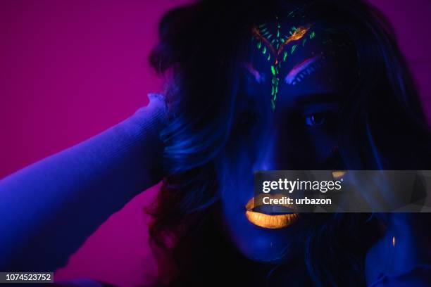 woman with fluorescent makeup - neon fluorescent hair stock pictures, royalty-free photos & images