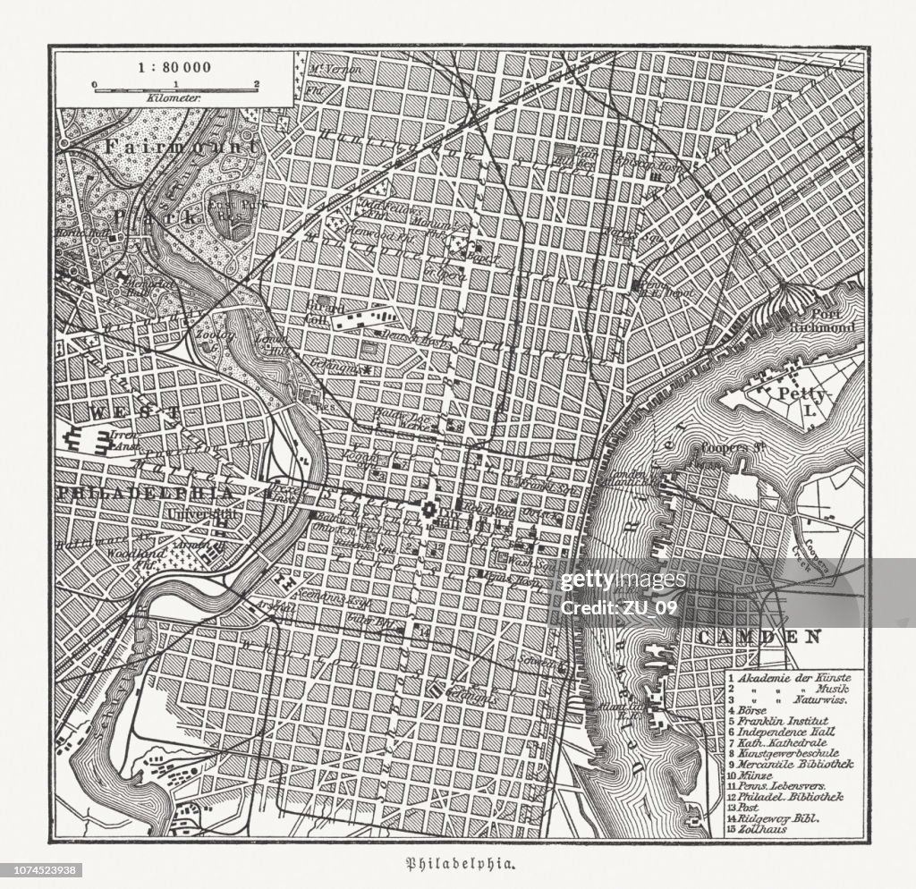 Historiska stadskarta över Philadelphia, Pennsylvania, USA, träsnideri, publicerad 1897