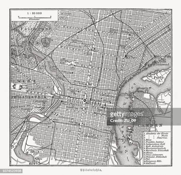 historical city map of philadelphia, pennsylvania, usa, wood engraving, published in 1897 - philadelphia pennsylvania map stock illustrations