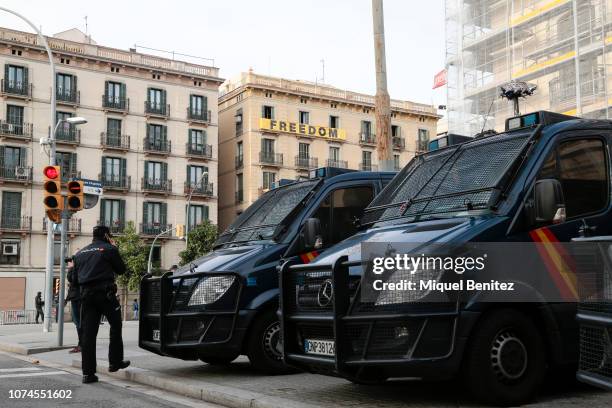 Police guard Antoni Lopez square near the Casa Llotja de Mar, where Spanish prime minister Pedro Sánchez is due to gather his ministers there on...