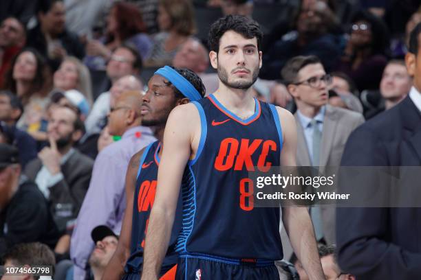 Alex Abrines of the Oklahoma City Thunder looks on during the game against the Sacramento Kings on December 19, 2018 at Golden 1 Center in...