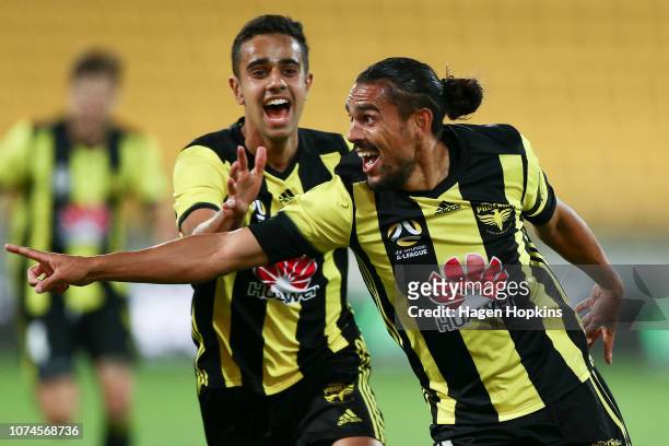 David Williams of the Phoenix celebrates with Sarpreet Singh after scoring a goal during the round nine A-League match between the Wellington Phoenix...