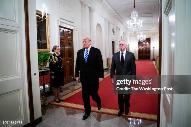 President Donald J. Trump and Secretary of Defense James Mattis arrive to speak at a reception commemorating the 35th anniversary of the attack on...