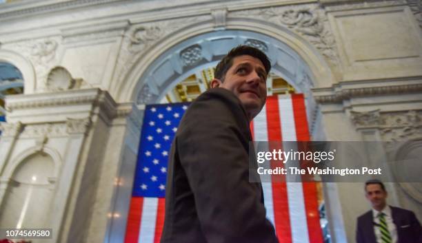 House Speaker Paul Ryan heads for the exit after delivering his farewell address in the Great Hall of the Library of Congress on Wednesday, December...