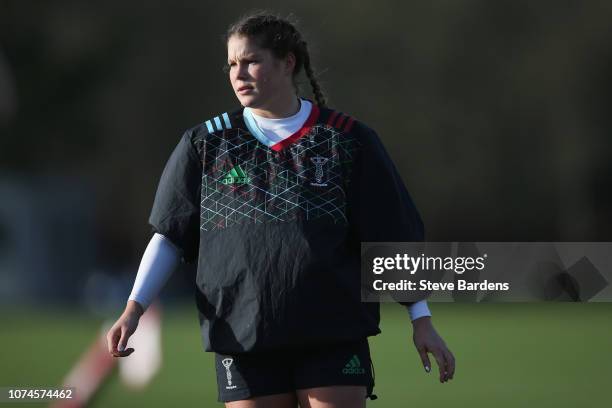 Jessica Breach of Harlequins Ladies looks on during the warm up prior to the Tyrrells Premier 15s match between Harlequins Ladies and Worcester...