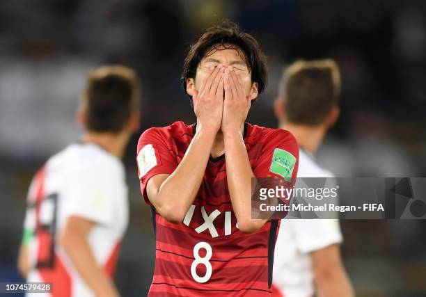 Shoma Doi of Kashima Antlers reacts during the FIFA Club World Cup UAE 2018 3rd Place match between River Plate and Kashima Antlers at the Zayed...