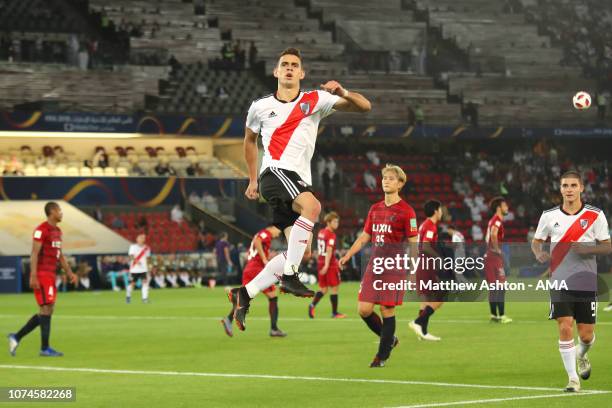 Santos Borre of River Plate celebrates scoring a goal to make it 0-4 during the FIFA Club World Cup UAE third place match between Kashima Antlers and...