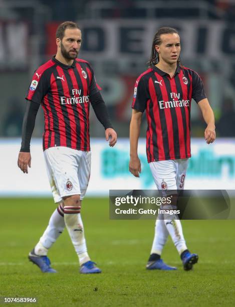 Gonzalo Higuain and Diego Laxalt of AC Milan show their dejection during the Serie A match between AC Milan and ACF Fiorentina at Stadio Giuseppe...