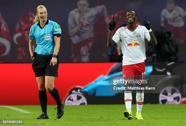 Bruma of Leipzig celebrates after scoring his team's third goal during the Bundesliga match between RB Leipzig and SV Werder Bremen at Red Bull Arena...
