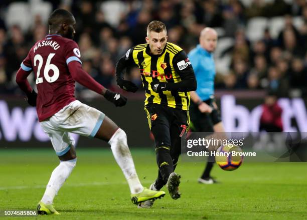 Gerard Deulofeu of Watford scores his team's second goal during the Premier League match between West Ham United and Watford FC at London Stadium on...