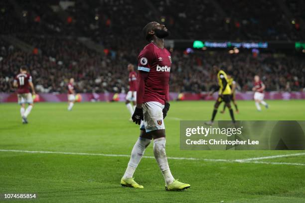 Arthur Masuaku of West Ham United reacts during the Premier League match between West Ham United and Watford FC at London Stadium on December 22,...