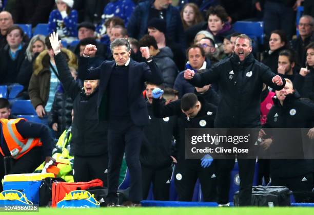 Claude Puel, Manager of Leicester City celebrates following the Premier League match between Chelsea FC and Leicester City at Stamford Bridge on...