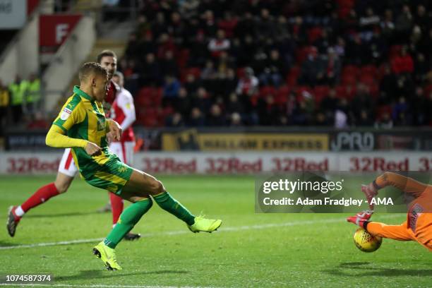 Dwight Gayle of West Bromwich Albion scores a goal to make it 0-4 during the Sky Bet Championship match between Rotherham United and West Bromwich...