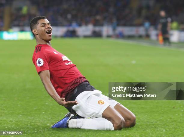 Marcus Rashford of Manchester United celebrates scoring their first goal during the Premier League match between Cardiff City and Manchester United...