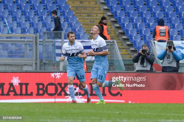 Sergej Milinkovic-Savic celebrates after scoring goal 3-0 during the Italian Serie A football match between S.S. Lazio and Cagliari at the Olympic...