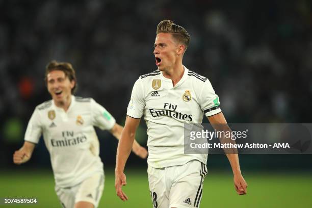 Marcos Llorente of Real Madrid celebrates scoring a goal to make it 2-0 during the FIFA Club World Cup UAE final match between Real Madrid and Al Ain...
