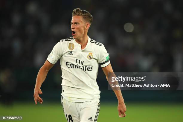 Marcos Llorente of Real Madrid celebrates scoring a goal to make it 2-0 during the FIFA Club World Cup UAE final match between Real Madrid and Al Ain...