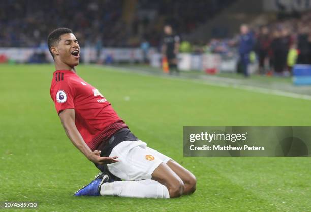 Marcus Rashford of Manchester United celebrates scoring their first goal during the Premier League match between Cardiff City and Manchester United...