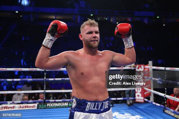 Billy Joe Saunders celebrates after victory over Charles Adamu in the International Super-Middleweight Contest at Manchester Arena on November 22,...