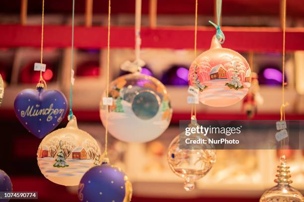 Christmas Tree balls. The most important christmas market of Munich at Marienplatz was full of visitors because of the warm weather.