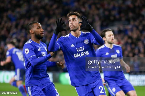 Victor Camarasa celebrates scoring for Cardiff City during the Premier League match between Cardiff City and Manchester United at Cardiff City...