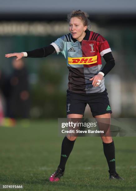 Emily Scott of Harlequins Ladies gives instructions during the Tyrrells Premier 15s match between Harlequins Ladies and Worcester Valkyries at Surrey...