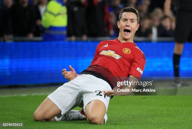 Ander Herrera of Manchester United celebrates after scoring his team's second goal during the Premier League match between Cardiff City and...