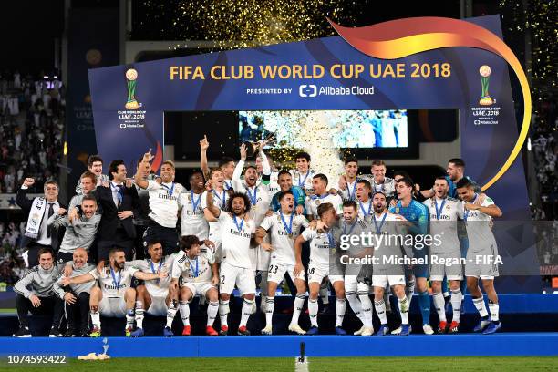 Sergio Ramos of Real Madrid lifts the FIFA Club World Cup trophy following the FIFA Club World Cup UAE 2018 Final between Al Ain and Real Madrid at...