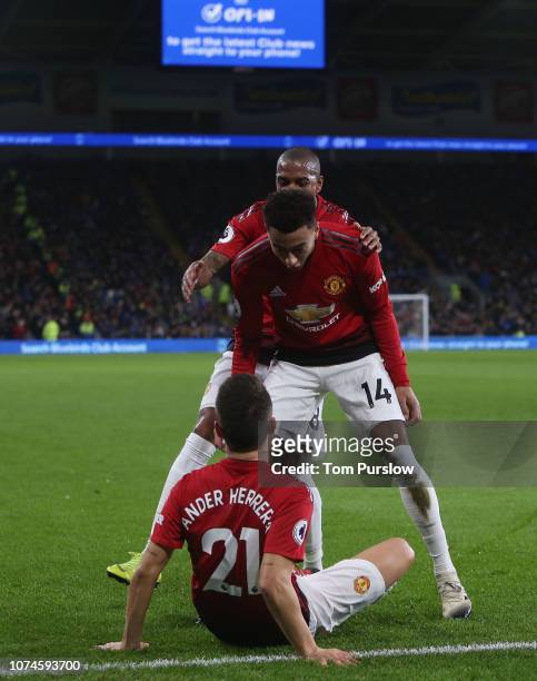 Ander Herrera of Manchester United celebrates scoring their second goal during the Premier League match between Cardiff City and Manchester United at...