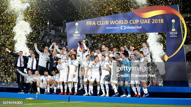General view as Sergio Ramos of Real Madrid lifts the FIFA Club World Cup Trophy following the FIFA Club World Cup UAE 2018 Final between Al Ain and...