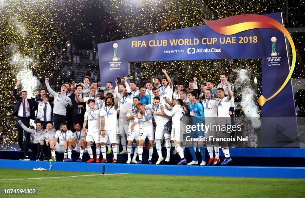 General view as Sergio Ramos of Real Madrid lifts the FIFA Club World Cup Trophy following the FIFA Club World Cup UAE 2018 Final between Al Ain and...