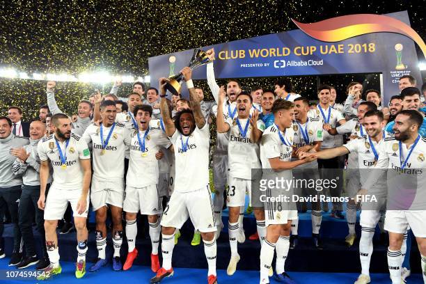Marcelo of Real Madrid lifts the FIFA Club World Cup Trophy following the FIFA Club World Cup UAE 2018 Final between Al Ain and Real Madrid at the...