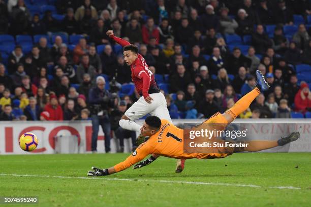 Jesse Lingard of Manchester United scores his team's fifth goal during the Premier League match between Cardiff City and Manchester United at Cardiff...