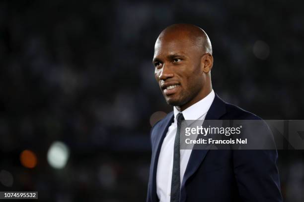 Former Chelsea player, Didier Drogba looks on during the award ceremony after the FIFA Club World Cup UAE 2018 Final between Al Ain and Real Madrid...