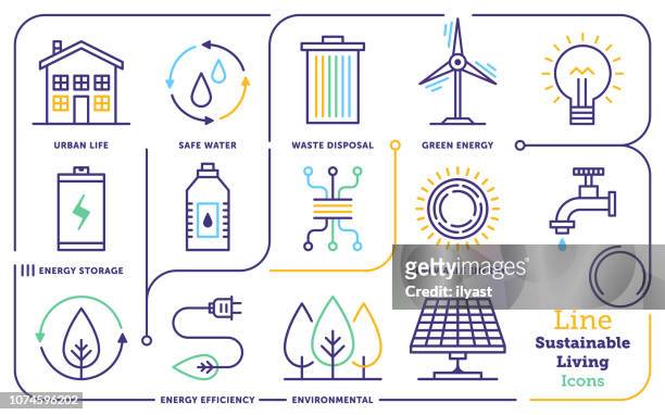 illustrazioni stock, clip art, cartoni animati e icone di tendenza di set di icone sustainable living line - industria energetica