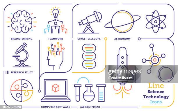 ilustraciones, imágenes clip art, dibujos animados e iconos de stock de ciencia y tecnología conjunto de iconos de línea - técnicos especialistas de laboratorio