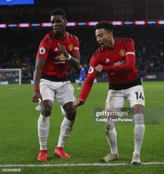 Jesse Lingard of Manchester United celebrates scoring their fifth goal during the Premier League match between Cardiff City and Manchester United at...