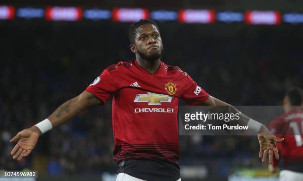 Fred of Manchester United celebrates Jesse Lingard scoring their fifth goal during the Premier League match between Cardiff City and Manchester...