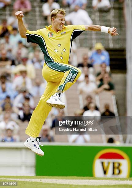 Brett Lee of Australia celebrates the wicket of Lou Vincent of New Zealand, caught by Steve Waugh for 17, during the VB Series One Day International...