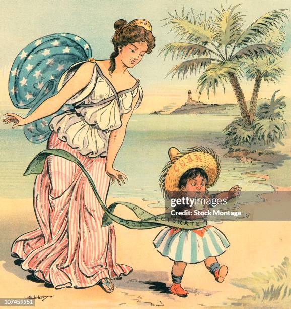 Cuba is declared independent in 1902. A woman, 'Columbia,' drops a ribbon labeled 'U.S. Protectorate' that is wrapped around the waist of a small...