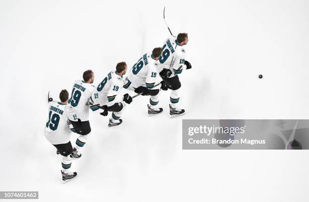 An overhead view as Joe Thornton of the San Jose Sharks skates during warmups against the Los Angeles Kings at SAP Center on December 22 2018 in San...