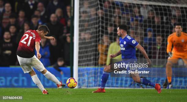 Manchester United player Ander Herrera shoots to score the second goal during the Premier League match between Cardiff City and Manchester United at...