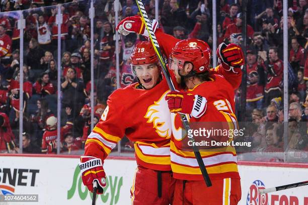 Matthew Tkachuk of the Calgary Flames celebrates after scoring against the St Louis Blues during an NHL game at Scotiabank Saddledome on December 22,...