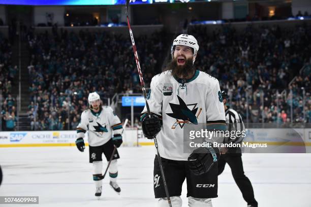 Brent Burns of the San Jose Sharks celebrate a game-tying goal against the Los Angeles Kings at SAP Center on December 22 2018 in San Jose, California