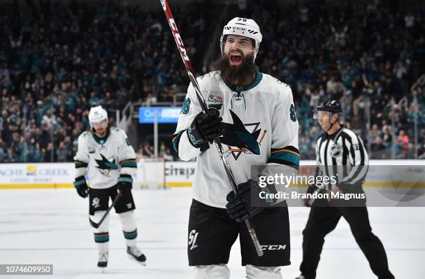 Brent Burns of the San Jose Sharks celebrate a game-tying goal against the Los Angeles Kings at SAP Center on December 22 2018 in San Jose, California