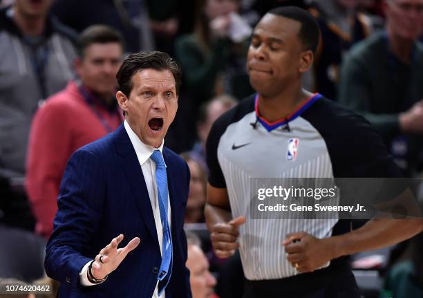 Head coach Quin Snyder of the Utah Jazz yells at referee Sean Wright in the second half of a NBA game against the Oklahoma City Thunder at Vivint...
